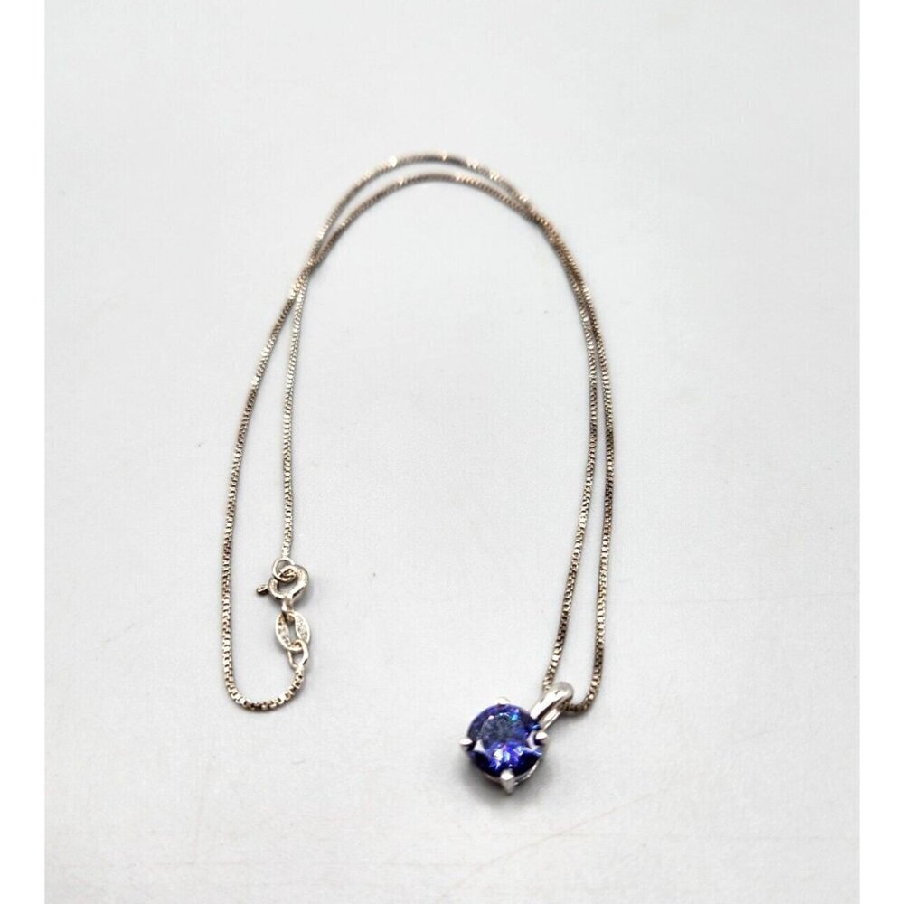 Blue CZ Solitaire Pendant Thailand Sterling Silver Chain Italy ADI 3.5g